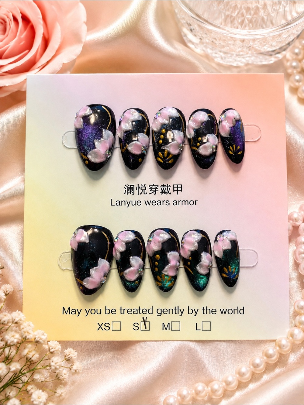 🌸 Midnight Garden Cat Eye 3D Floral Press-On Nails